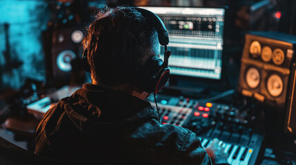 Music producer at work in a studio.