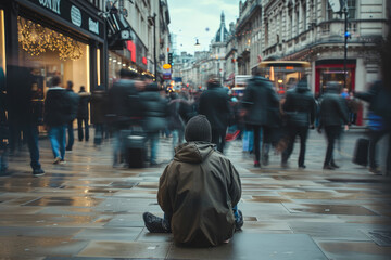 An unemployed man sat sadly on a pedestrian street with many people passing by