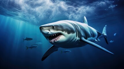Majestic great white shark gliding through the deep blue ocean