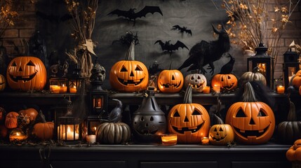 Festive Halloween decorations featuring pumpkins, witches, and ghosts, perfect for creating a spooky atmosphere