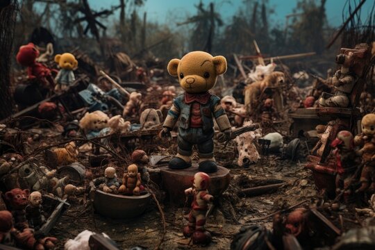Forgotten toy graveyard with broken dolls and teddy bears.. Horror concept
