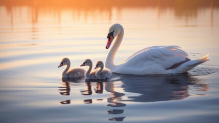 Fototapeta premium Serene family of swans gracefully gliding across a peaceful lake