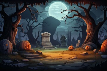Graveyard scene with tombstones. Halloween horror background