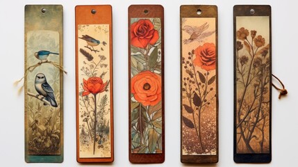 Handmade paper bookmarks with decorative elements - obrazy, fototapety, plakaty