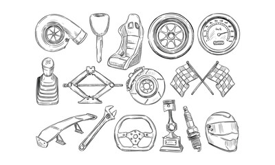 car spare parts handdrawn collection