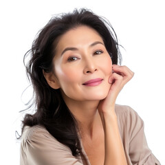 Naklejka premium Beautiful gorgeous mid aged mature asian woman looking at camera isolated on white. Mature old lady close up portrait. Healthy face skin care beauty, skincare cosmetics, cosmetology concept, png
