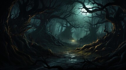 Haunted forest with gnarled branches and glowing eyes peering from the shadows, creating a chilling and atmospheric Halloween backdrop - obrazy, fototapety, plakaty