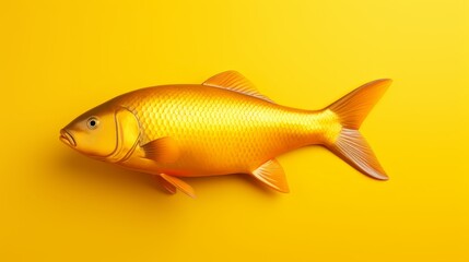 Fototapeta premium A goldfish, gleaming like gold, is presented against a yellow background.