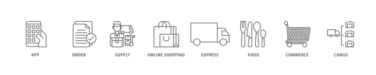 Delivery service icon set flow process which consists of cargo, commerce, online shopping, food, express, supply, order, app icon live stroke and easy to edit 