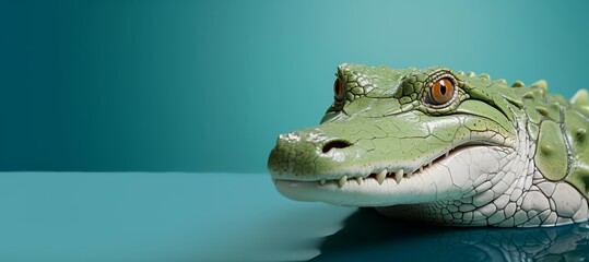 A toy alligator is displayed on a table, its head appearing to merge with the surface. - obrazy, fototapety, plakaty