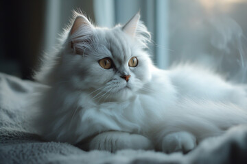 Portrait of cute little persian kitten sitting on blanket in bedroom