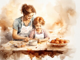 Mother and child baking cookies, watercolor illustration.