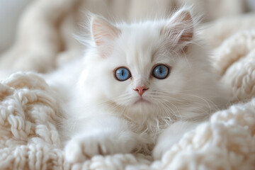 Obraz premium Portrait of cute little persian kitten sitting on blanket in bedroom