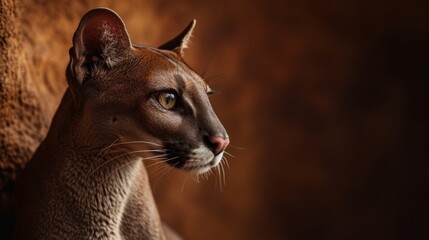 A cat is seen near a wall, its close-up portrait revealing a fierce expression.