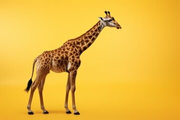 Obraz premium A giraffe, with its long neck and detailed body, stands against a yellow background.