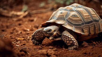 A tortoise is seen on a dirt ground, its giant form and world-bearing nature in focus.
