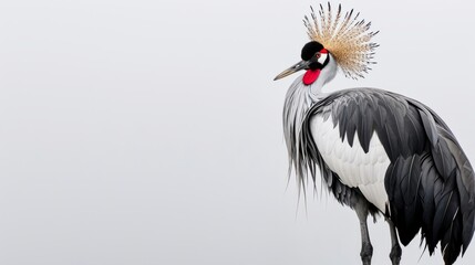 A bird, adorned with a crown, is seen against a grey background, its royal nature evident.