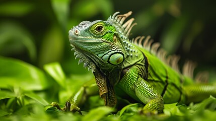 Fototapeta premium A green iguana is seen sitting on a lush green field, its scales detailed.