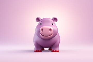A cute, purple piggy bank is seen sitting on a white floor. - obrazy, fototapety, plakaty