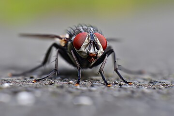 A fly, with compound eyes, is seen on the ground, its creepy form detailed.