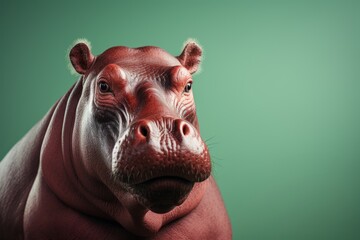 A cartoon-like hippo is seen against a green background. - obrazy, fototapety, plakaty