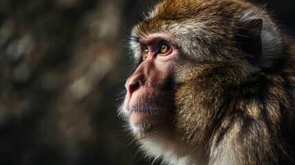 A monkey's face is seen against a blurry background, its pensive expression captured.