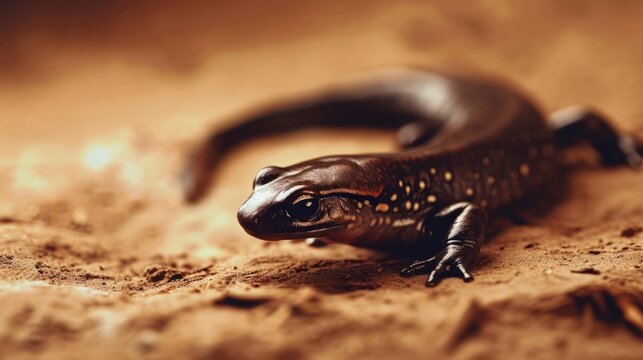 A lizard, resembling a red salamander, is seen on a sandy surface.