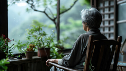 Memory Loss. Back View Lonely Old Asian Woman With Gray Hair Sits In Chair in Dark Room with Potted...