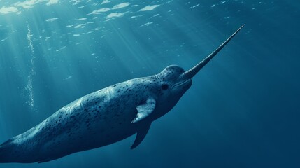 A narwhal, resembling a blue whale or plesiosaur, is seen swimming in the ocean. - obrazy, fototapety, plakaty