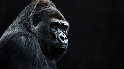 Obraz premium A gorilla's face is seen against a black background, its grumpy and serious look evident.