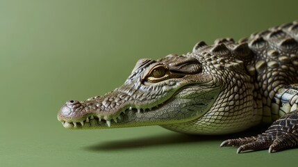 Fototapeta premium A small alligator is seen on a green surface, its crocodile-like features captured in a close-up shot.