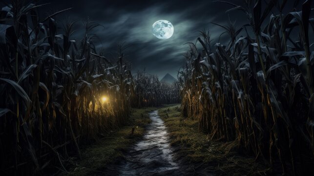 Moonlit corn maze with towering stalks and hidden surprises, inviting viewers to embark on a Halloween adventure