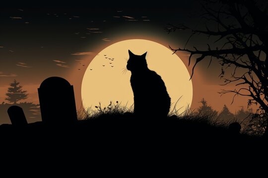 Moonlit silhouette of a black cat perched on a gravestone. Halloween spooky background