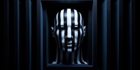 A person's face, resembling a symmetrical humanoid, is seen in a cage.