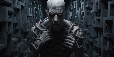 A man, resembling a creepy mutant or alien cyborg, is seen in a jail cell with chains around his neck. - obrazy, fototapety, plakaty