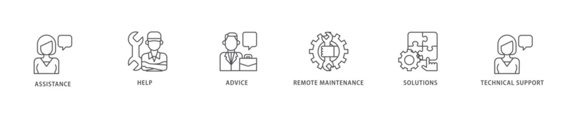 IT Expert icon set flow process which consists of assistance, help, advice, remote maintenance, solutions and technical support icon live stroke and easy to edit 