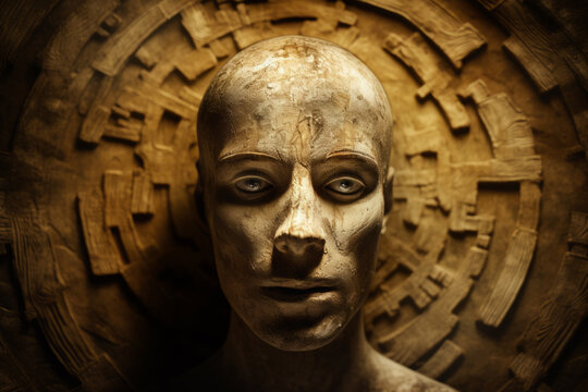 A statue presents a humanoid portrait, its metallic face resembling a male or female humanoid.