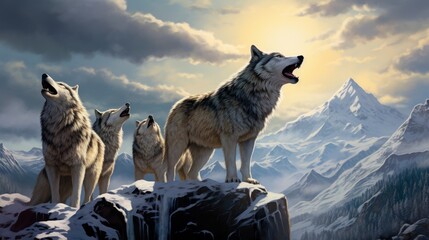 Pack of wolves howling on a snowy peak, their voices harmonizing with the breathtaking landscape
