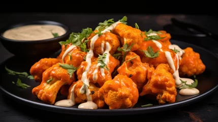 Plexiglas foto achterwand Plate of greasy and flavorful buffalo cauliflower bites with a spicy buffalo sauce © KerXing