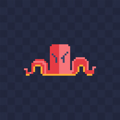 Octopus cartoon character. Pixel art style. Sea monster. 8-bit. Isolated vector illustration on black background. Design for logo and web. Game assets.