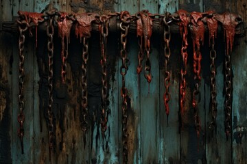 Rusted chains hanging from a blood-stained wall