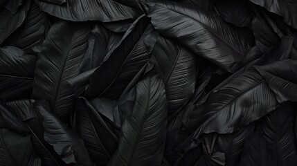 black banana leaves black background. - obrazy, fototapety, plakaty