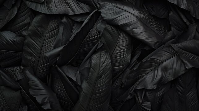 black banana leaves black background.