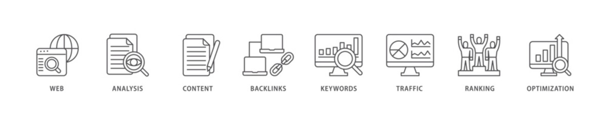 SEO icon set flow process which consists of website, analysis, content, backlinks, keywords, traffic, ranking, and optimization icon live stroke and easy to edit  - obrazy, fototapety, plakaty