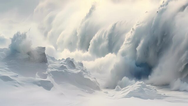 Natures wrath on full display, as a tumultuous blizzard pummels the once serene white landscape into chaos.