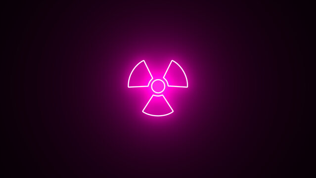 Neon glowing radiation icon. Glowing neon radiation sign, hazard pictogram. purple color neon radiation icon on a black background