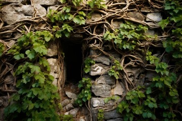 Tangled vines creeping up a crumbling stone wall