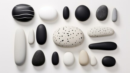 Rounded stones black and white  Top view. Abstract composition of cobblestones. of different sizes