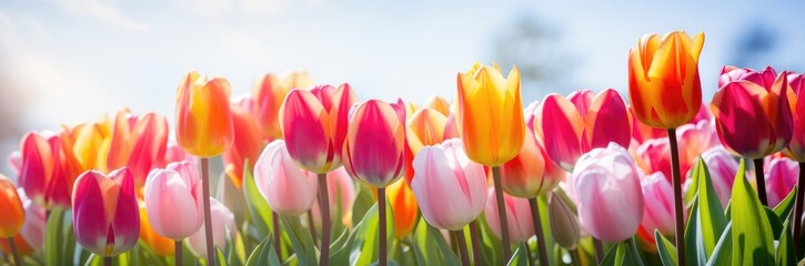 Obraz premium Tulips colorful multicolored yellow, white, red, purple, pink bloom flower field in Spring