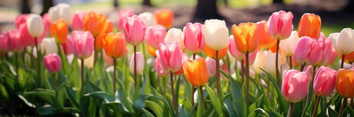 Obraz premium Tulips colorful multicolored yellow, white, red, purple, pink bloom flower field in Spring